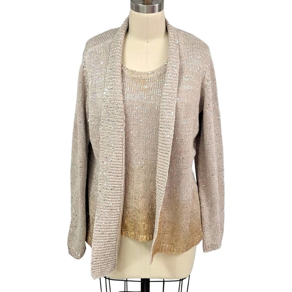Chicos knit sweater & Tank set oatmeal beige dipped in gold with sparkle Sz L/XL